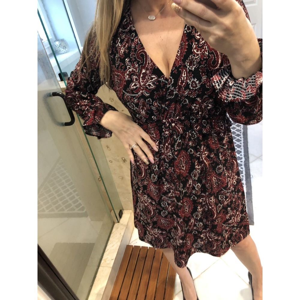 Michael Michael Kors Red Paisley Moc Wrap Flutter Sleeve Dress Small